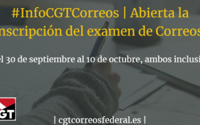 #InfoCGTCorreos | Abierta la inscripción del examen de Correos [30/9 al 10/10]